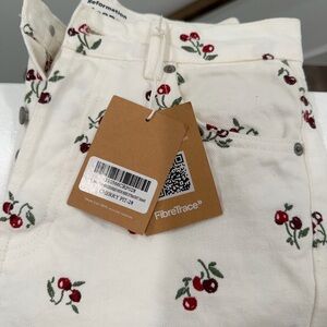 Reformation White High Waist Jeans with Cherry Pit Print